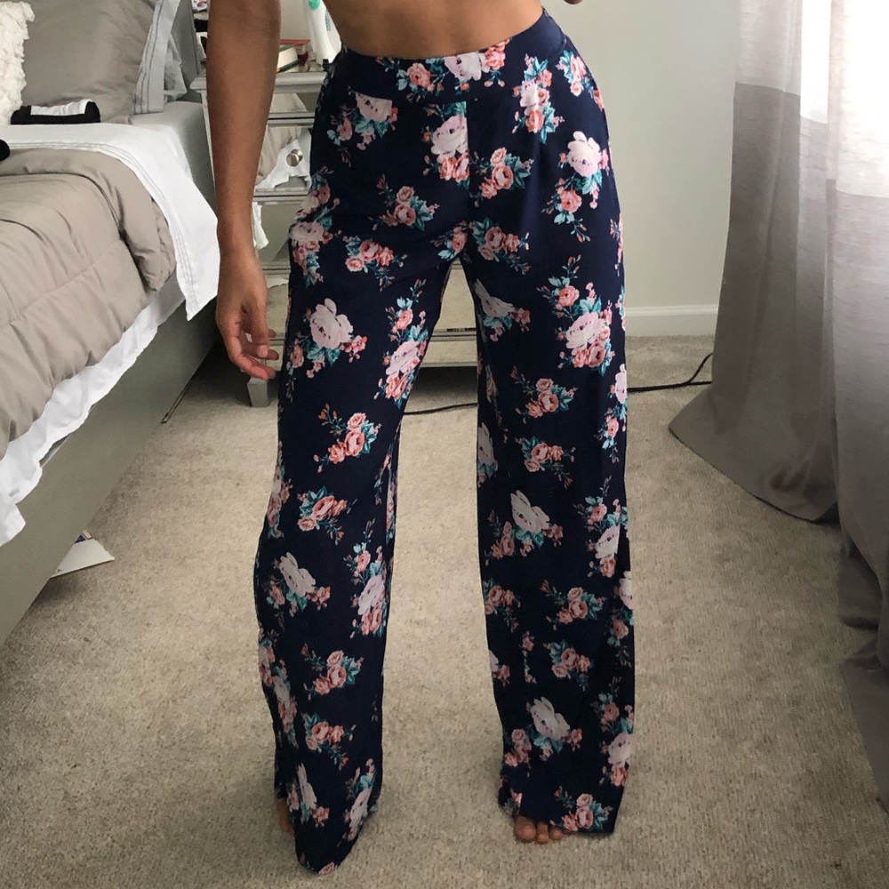 Dark Blue Floral Chiffon Pants
